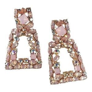 Geometric Statement Gold Tone Metal Dangle Drop Earrings Plastic Rhinestones